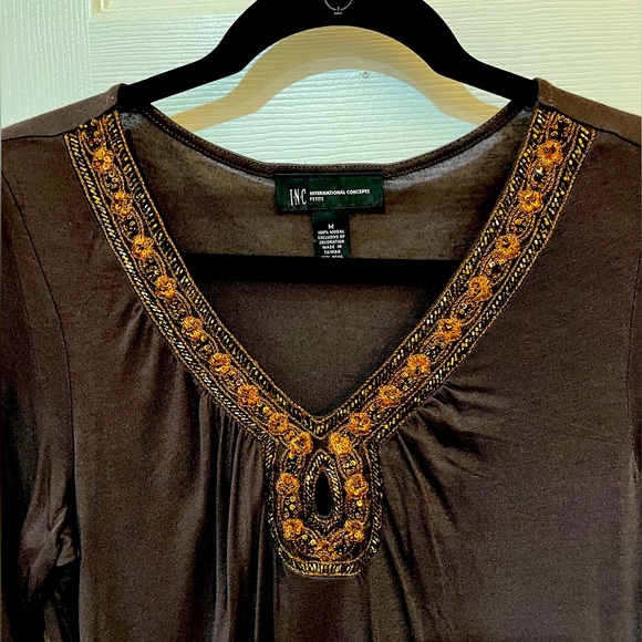 INC Petite M…chocolate brown long sleeved top. Copper bead and sequin neckline. - Picture 3 of 15